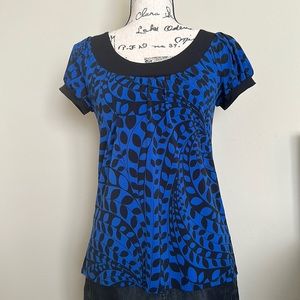 INC International Concepts Women's Blue Black Geometric Ruched Puff Sleeve Top S